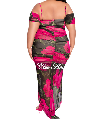 Final Sale Plus Size Cold Shoulder Ruched Sheer Dress in Fuchsia Floral Print