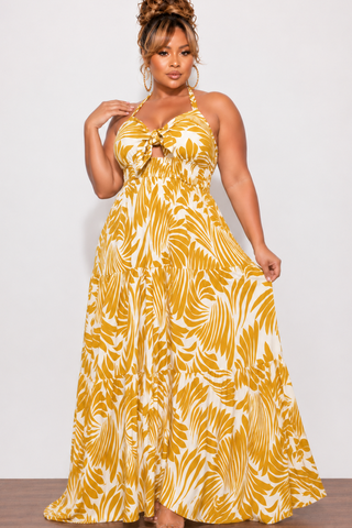 Final Sale Plus Size Halter Tiered Dress in Mustard & Off White  Print