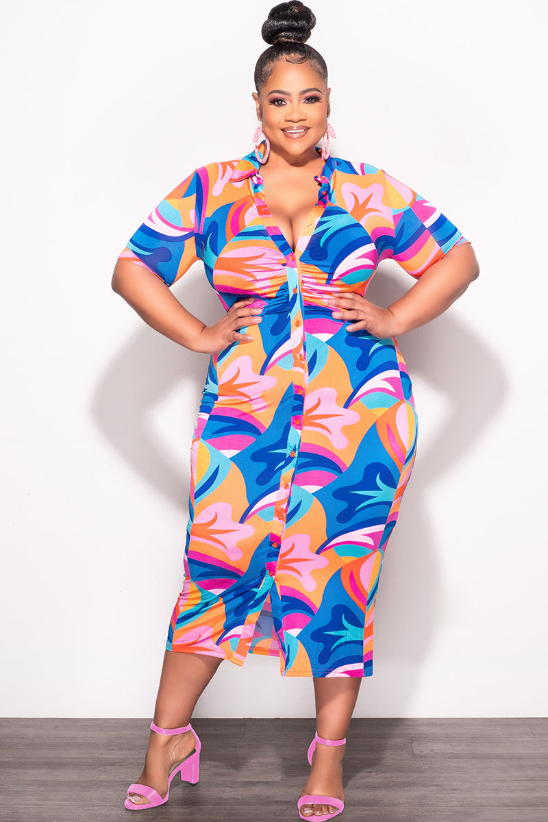 Final Sale Plus Size Collar Button Up BodyCon Dress In Multi Color