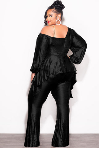 Final Sale Plus Size Cold Shoulder with Gold Chain & Asymmetrical Ruffle Peplum Jumpsuit in Black