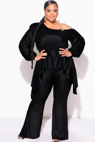 Final Sale Plus Size Cold Shoulder with Gold Chain & Asymmetrical Ruffle Peplum Jumpsuit in Black