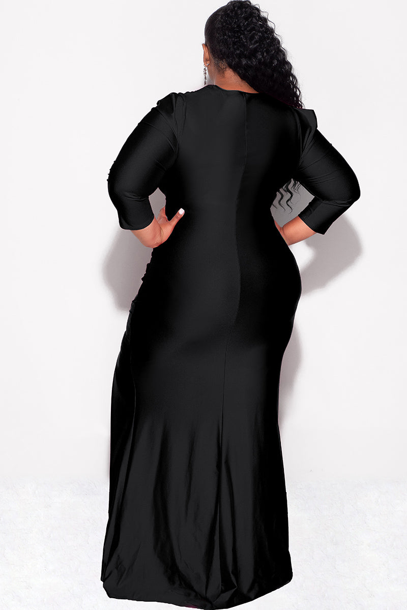 Final Sale Plus Size Shiny Faux Wrap Gown with Slit in Black - 2x 18/20 Final Sale Plus Size Shiny Faux Wrap Gown with Slit in Black - 2x 18/20