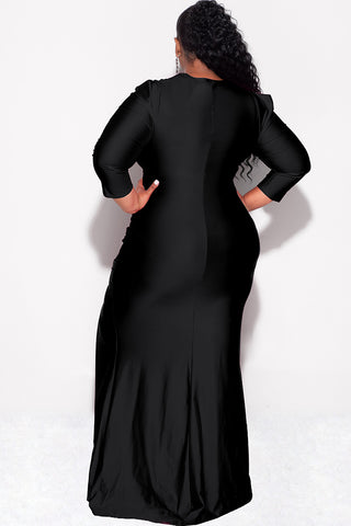 Final Sale Plus Size Shiny Faux Wrap Gown with Slit in Black