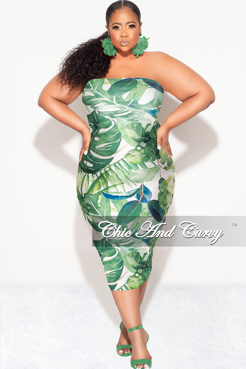 Final Sale Plus Size Strapless Tube BodyCon Dress in Green & White Leaf Print Final Sale Plus Size Strapless Tube BodyCon Dress in Green & White Leaf Print