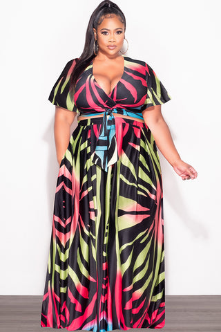 Final Sale Plus Size 2pc (Faux Wrap Crop Tie Top & Skirt) Set in Black Multi-Color Print
