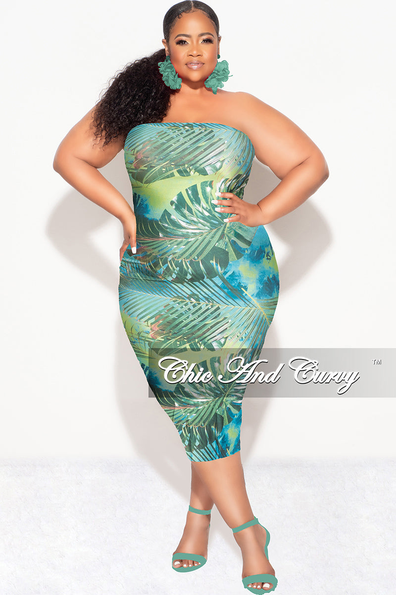 Final Sale Plus Size Strapless Tube BodyCon Dress in Green Leaf Print