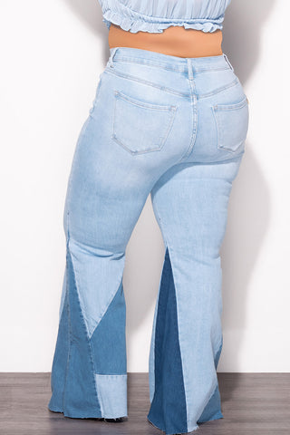Final Sale Plus Size ColorBlock Flare Denim Jeans in Light Stone Denim