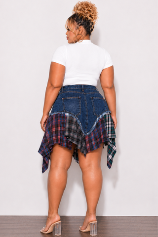 Final Sale Plus Size Splicing Skirt in Dark Denim in Multi-Color Plaid Print