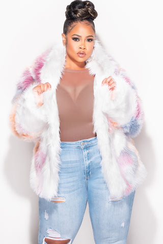 Final Sale Plus Size Faux Fur Hooded Jacket in White Multi-Color Print