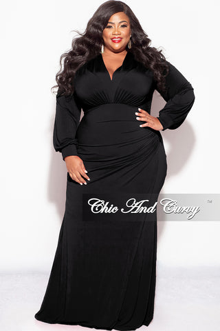 Final Sale Plus Size V-Neck Gown with Ruched Overlay in Black