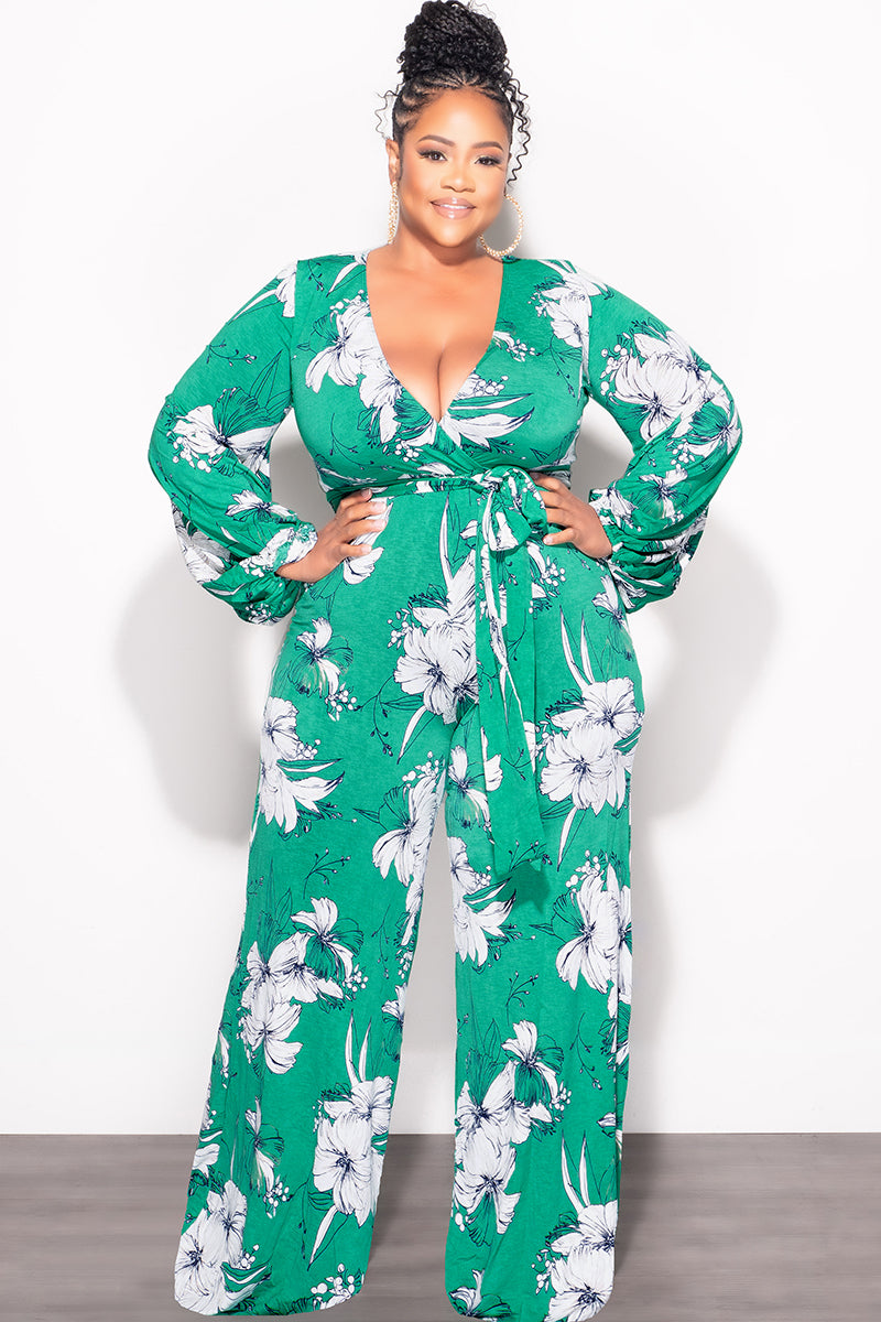Final Sale Plus Size Faux Wrap Jumpsuit with Waist Tie in Green and White Floral Print