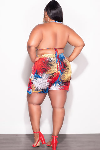 Final Sale Plus Size 2pc Poolside Playsuit (Bikini Top & High Waist Shorts) Set in Red Firework Print