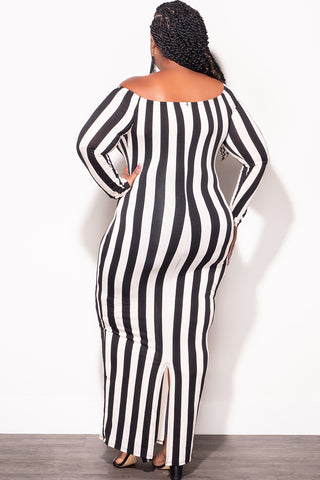 Final Sale Plus Size Off The Shoulder BodyCon Midi Dress in Black & Beige Stripes