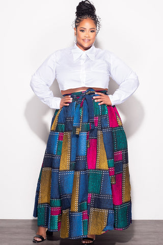Final Sale Plus Size High Waist Maxi Skirt with Tie in Multi Color Print