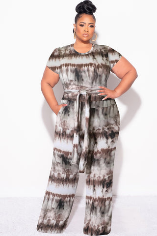 Final Sale Plus Size 2pc Crop Tie Top and Pants Set in Brown & Cream Tie Dye Print
