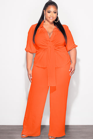 Final Sale Plus Size 2pc Button Up Collar Top and Pants Set in Orange Linen