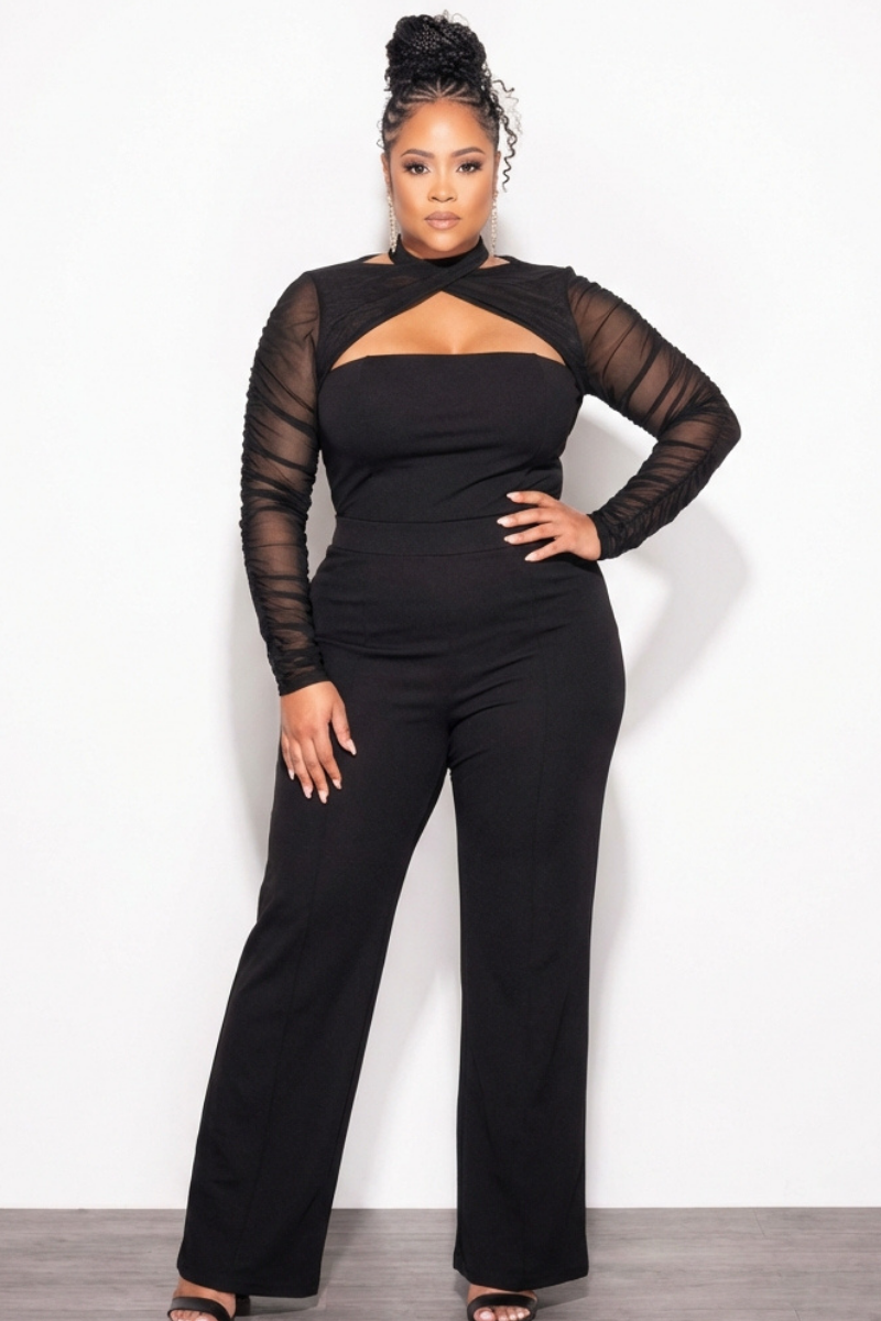 Final Sale Plus Size Cut Out Jumpsuit with Mesh Sleeves in Black