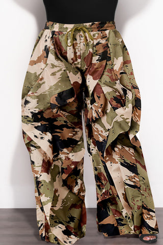 Final Sale Plus Size Wide Leg Drawstring Oversized Windbreaker Wavy Pants in Camo Olive/Black Multi Color Print