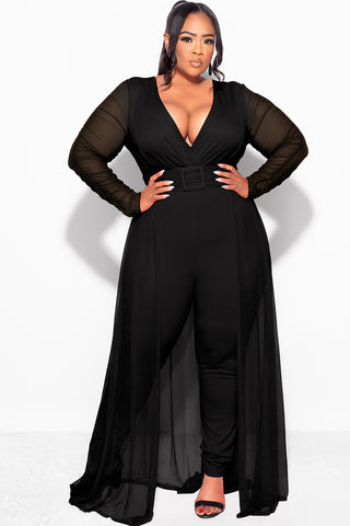 Final Sale  Plus Size Mesh Ruched Sleeve Jumpsuit with Attached Long Skirt in Black