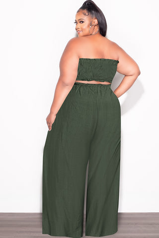 Final Sale Plus Size 2pc Strapless Crop Top and Flare Pants Set In Dark Green