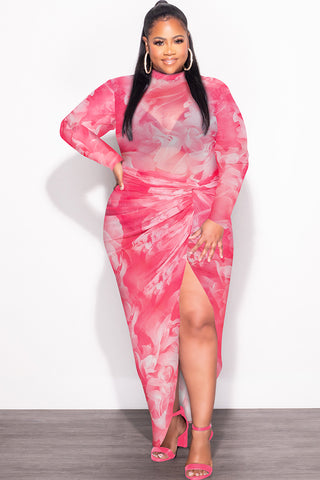 Final Sale Plus Size 2-Pc Mesh Set with Bodysuit & High Split Skirt in Pink Floral Print