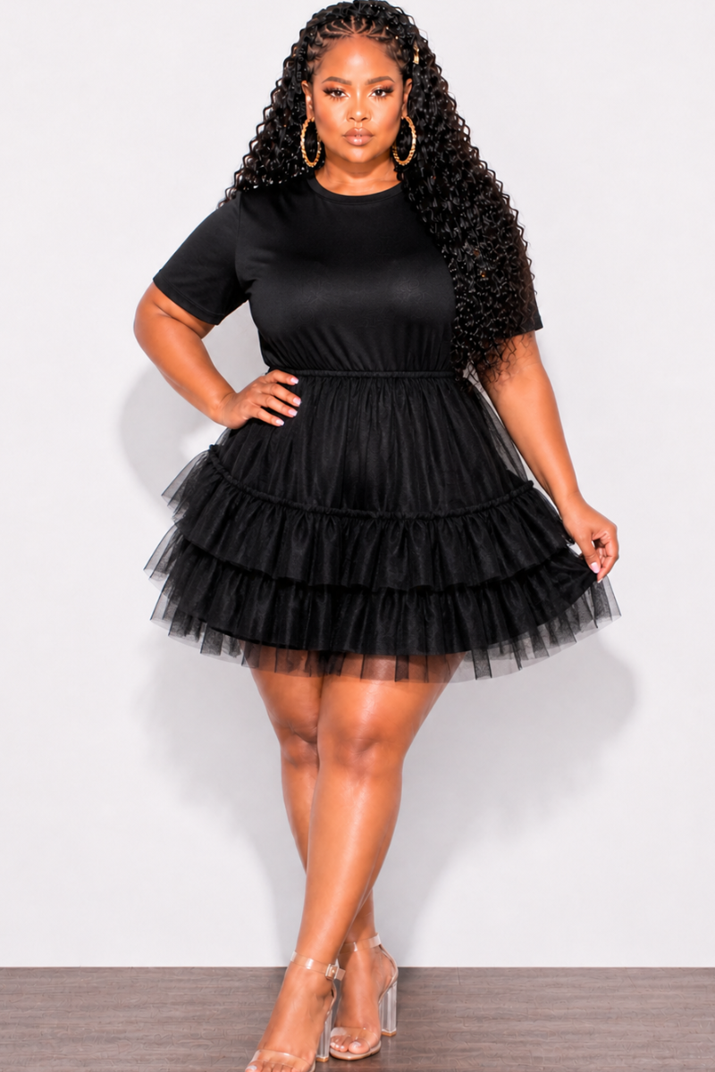 Final Sale Plus Size Short Sleeve Tulle Peplum Top In Black
