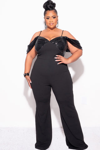 Final Sale Plus Size Off The Shoulder Faux Wrap Sequin Jumpsuit Black