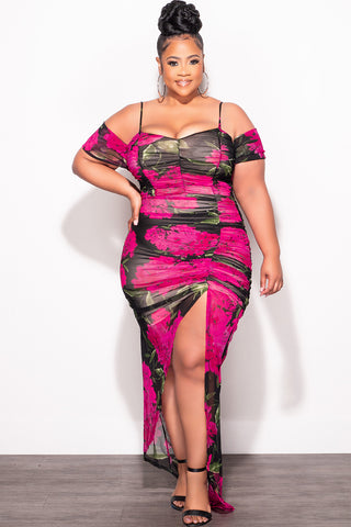 Final Sale Plus Size Cold Shoulder Ruched Sheer Dress in Fuchsia Floral Print