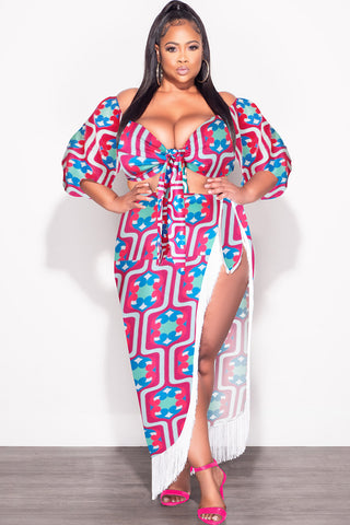 Final Sale Plus Size 2pc Stain Set (Crop Tie Top and Fringe Trim Skirt) in Magenta Design Print