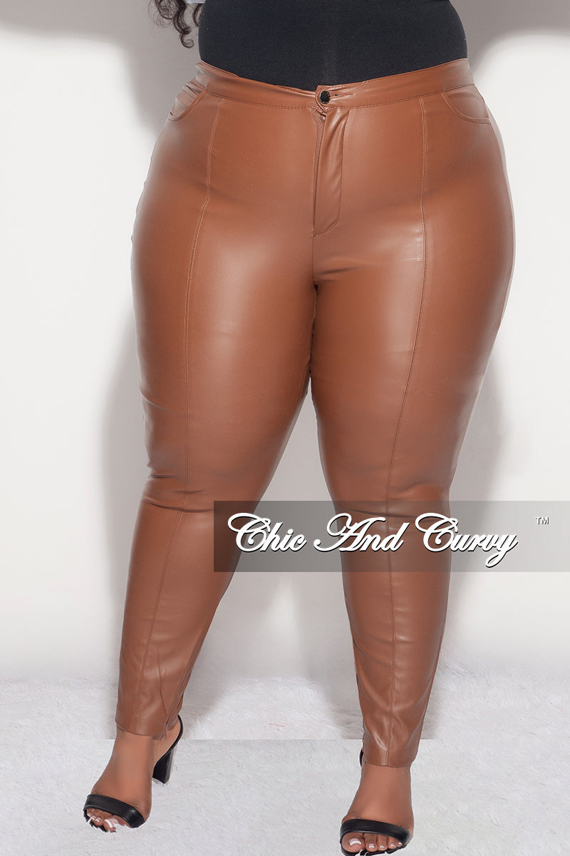 Final Sale Plus Size Faux Leather Pants with Bottom Zipper in Cognac