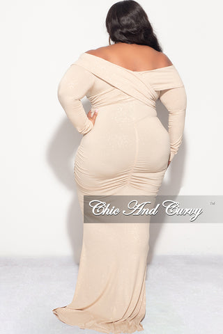 Final Sale Plus Size Glitter Off the Shoulder Gown with Slit in Gold