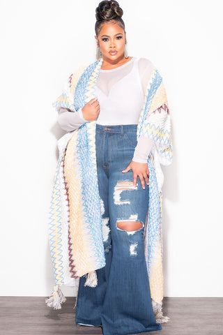 Final Sale Plus Size Knitted Cardigan with Bottom Tassels in White Blue Yellow Tan and Brown