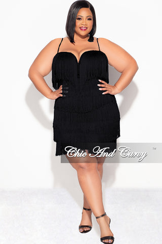 Final Sale Plus Size Spaghetti Strap BodyCon Fringe Dress in Black