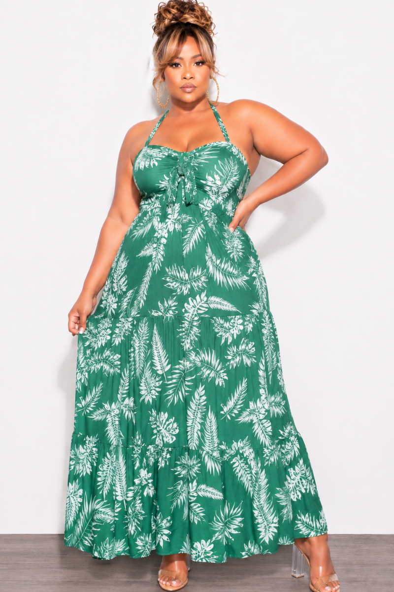Final Sale Plus Size Halter Tiered Dress in Green & White Leaf Print