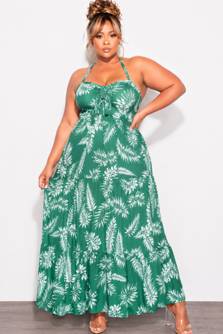 Final Sale Plus Size Halter Tiered Dress in Green & White Leaf Print