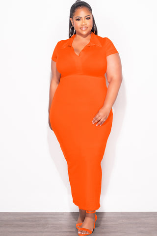 Final Sale Plus Size Collar V Neck Midi Dress in Orange