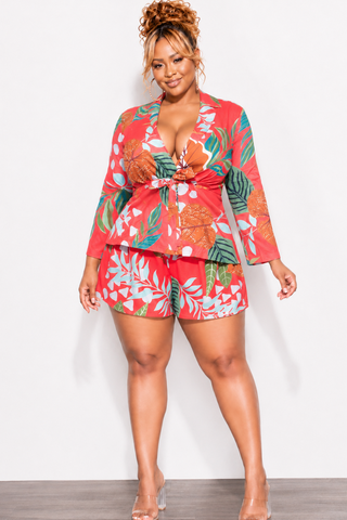 Final Sale Plus Size 2pc Drawstring Blazer and High Waist Shorts in Pink Multi Color Tropical Print