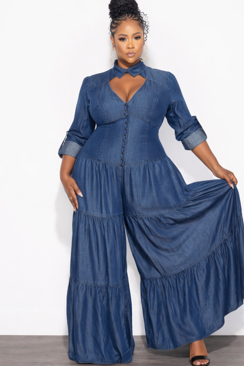 Final Sale Plus Size Long Sleeve Jumpsuit with Collar in Dark Denim Chambray