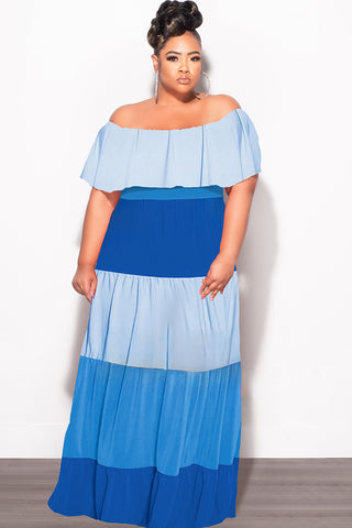 Final Sale Plus Size Off The Shoulder Tiered Maxi Dress in in Baby Blue and Royal Blue