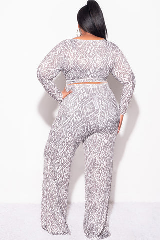 Final Sale Plus Size 2pc Long Sleeve Tie Top and Pants Set in Olive and White Design Print