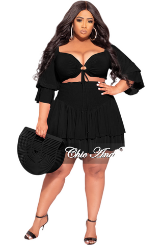 Final Sale Plus Size 2pc Set Off the Shoulder Crop Tie Top and Ruffle Layered Hem Mini Skirt in Black