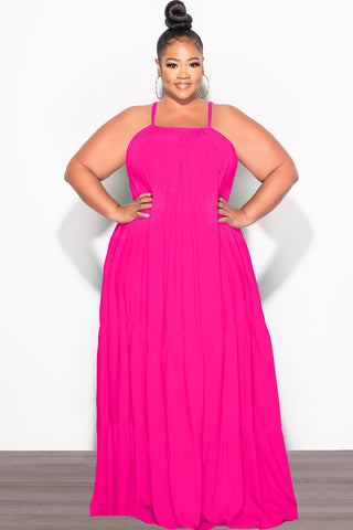 Final Sale Plus Size Long Halter Dress with Back Tie in Hot Pink