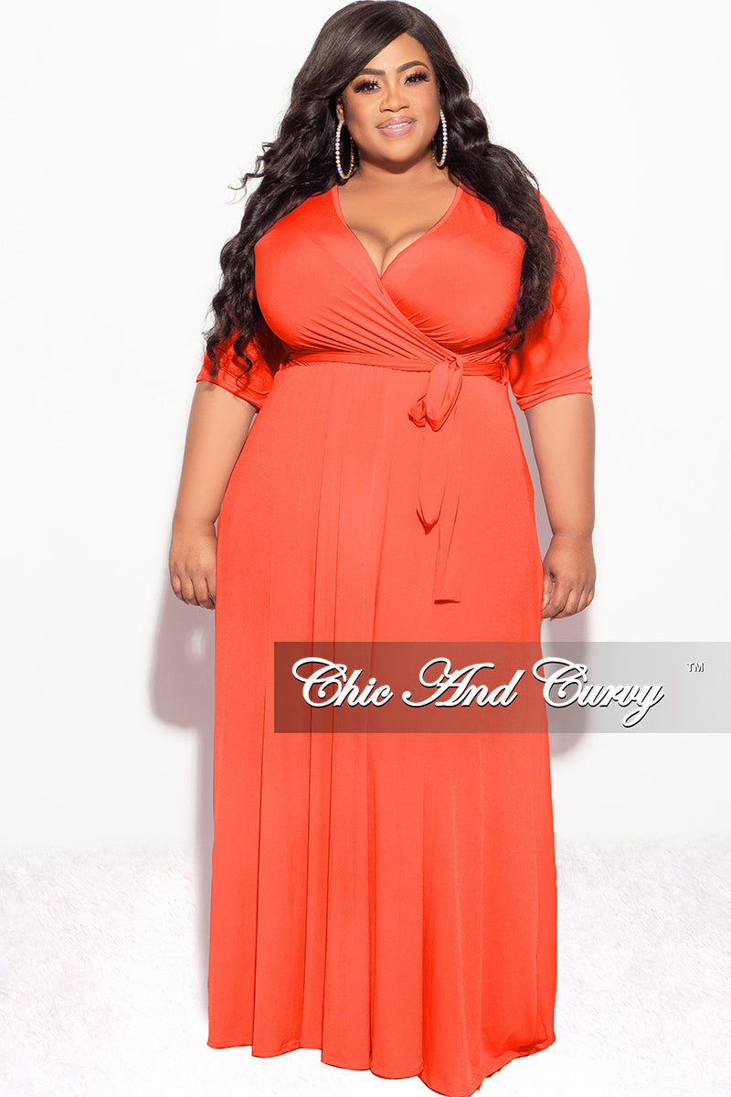 Final Sale Plus Size Deep V Faux Wrap Dress with 3/4 Sleeves in Orange Chic And Curvy Final Sale Plus Size Deep V Faux Wrap Dress with 3/4 Sleeves in Orange Chic And Curvy