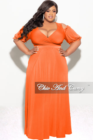 Final Sale Plus Size 2pc Faux Wrap Crop Tie Top and Double Slit Skirt Set in Neon Orange