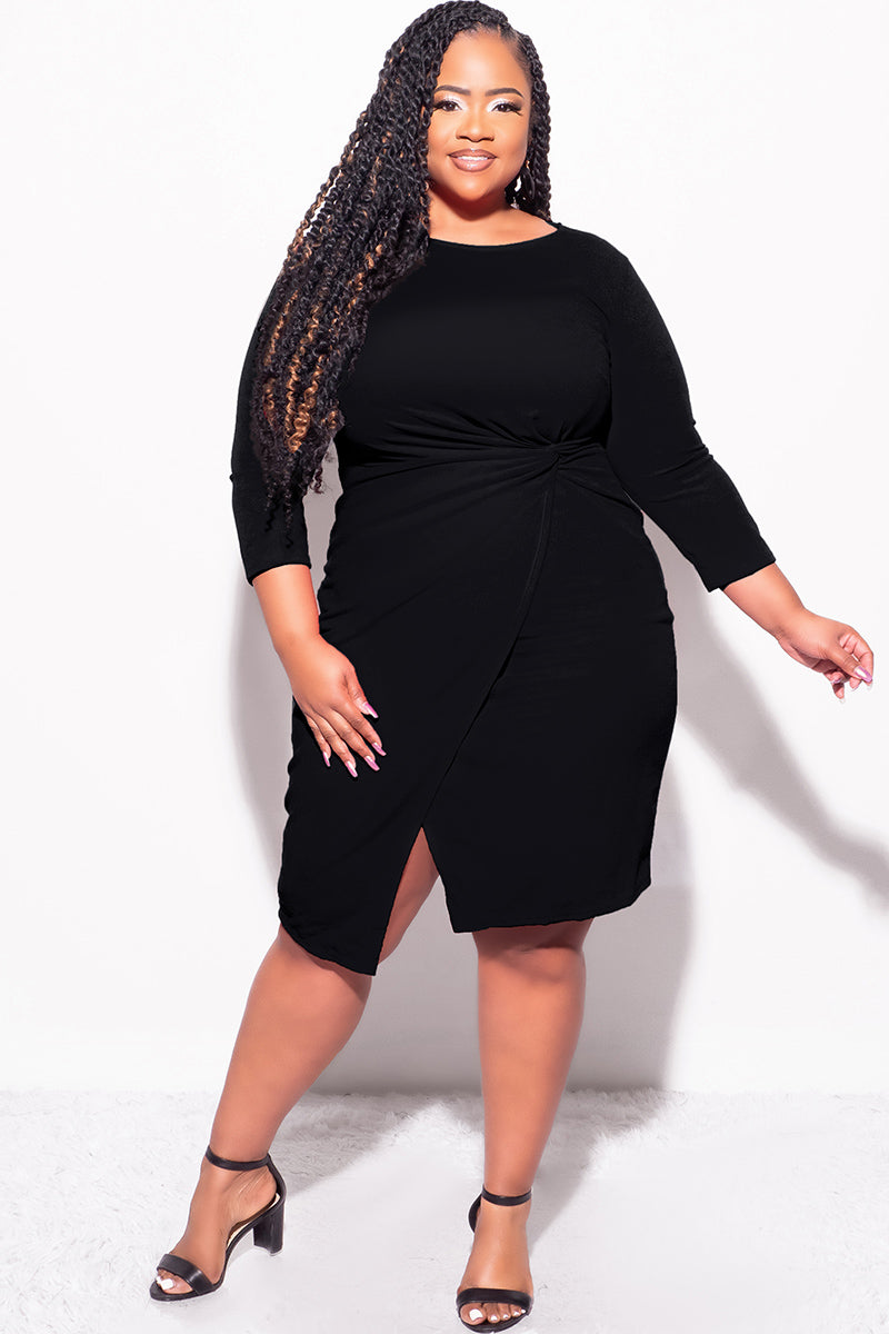 Final Sale Plus Size Long Sleeve Side Knot Wrap Midi Dress in Black - 1x 14/16 Final Sale Plus Size Long Sleeve Side Knot Wrap Midi Dress in Black - 1x 14/16