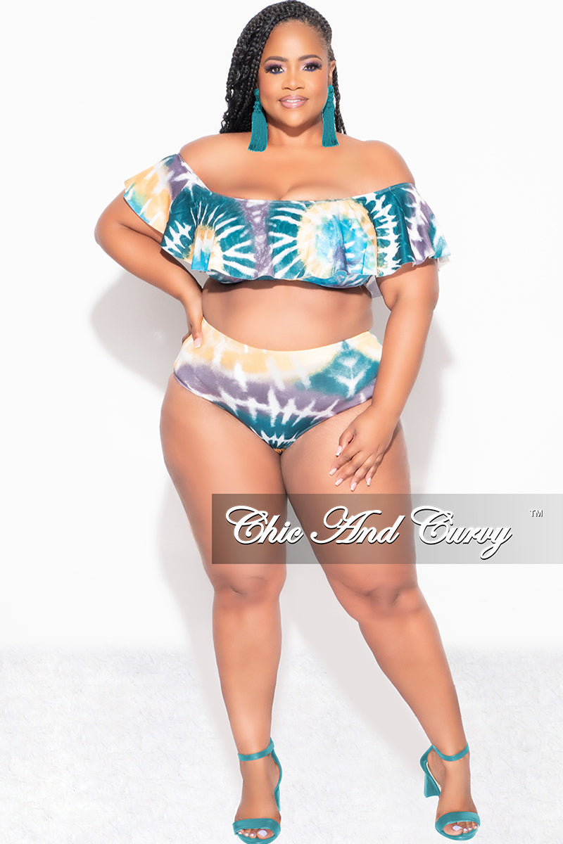 Final Sale Plus Size Tie Dye Ruffle Bikini Set in Teal / Mustard Tie Dye Print