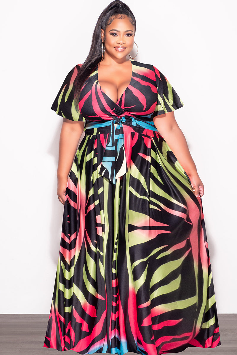 Final Sale Plus Size 2pc (Faux Wrap Crop Tie Top & Skirt) Set in Black Multi-Color Print