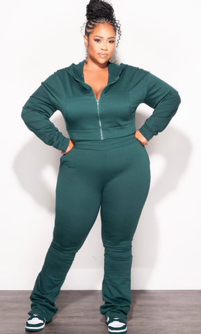 Final Sale Plus Size 2pc Hooded Crop Zip-Up Jacket and Pants Set in Green