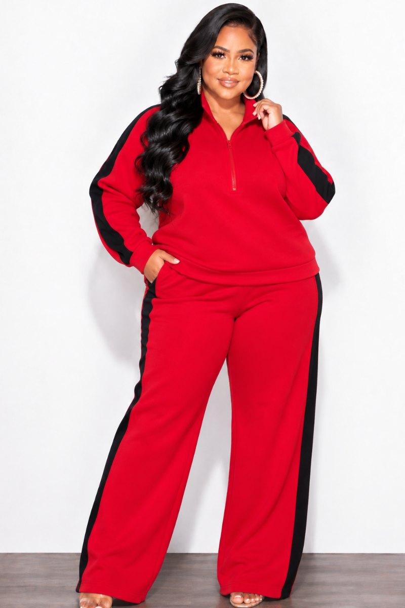 Final Sale Plus Size 2pc Zip-Up Fleece Pant Set in Red & Black