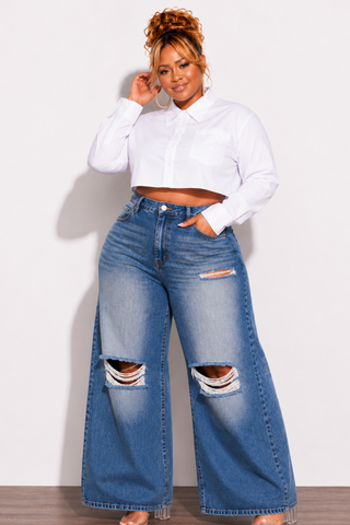 Final Sale Plus Size Cropped Button Down Collar Button Blouse Poplin in White